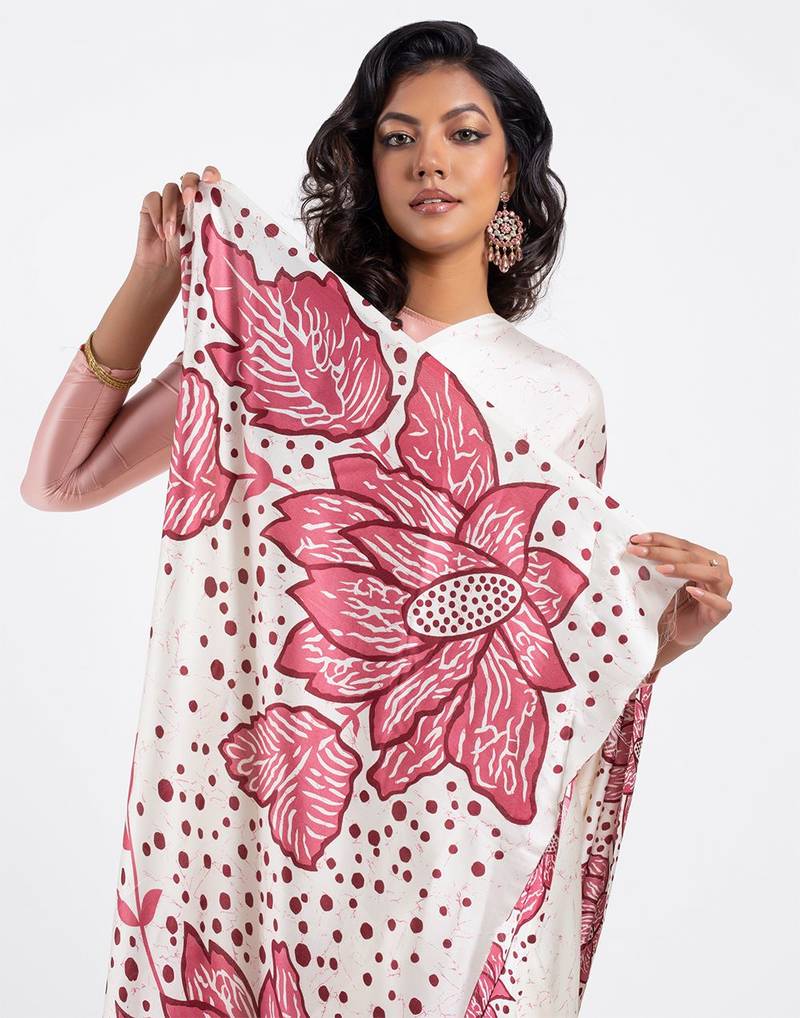 White printed satin saree with blouse piece