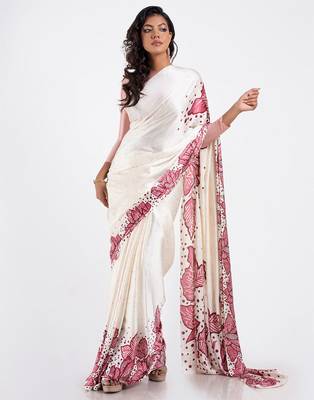 White printed satin saree with blouse piece 2