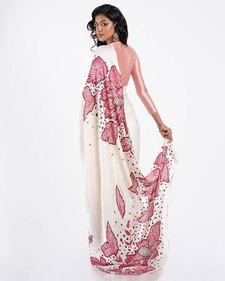 White printed satin saree with blouse piece 3