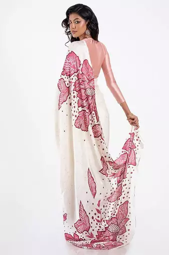 White printed satin saree with blouse piece