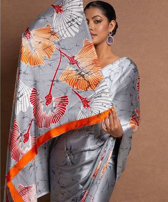 Grey printed satin saree with blouse piece 1