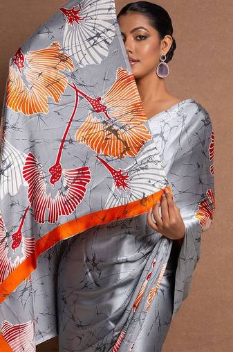 Grey printed satin saree with blouse piece