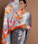 Grey printed satin saree with blouse piece