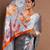 Grey printed satin saree with blouse piece