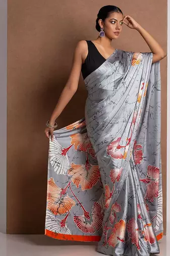 Grey printed satin saree with blouse piece