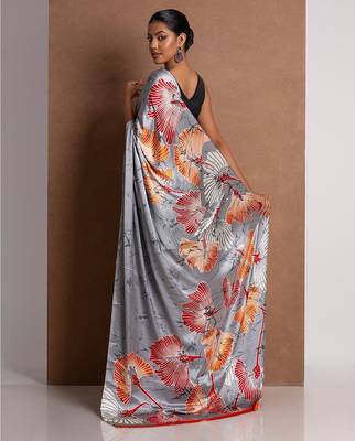 Grey printed satin saree with blouse piece 3