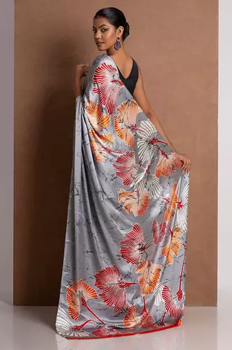 Grey printed satin saree with blouse piece