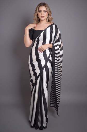 Black printed satin saree with blouse piece