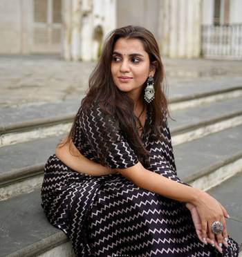 Black printed satin saree with blouse piece 1