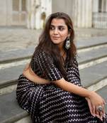 Black printed satin saree with blouse piece