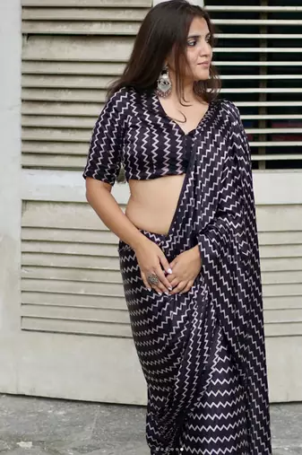 Black printed satin saree with blouse piece