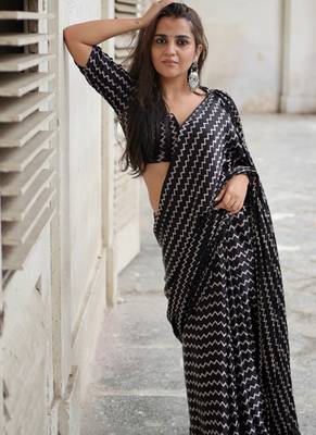 Black printed satin saree with blouse piece 4