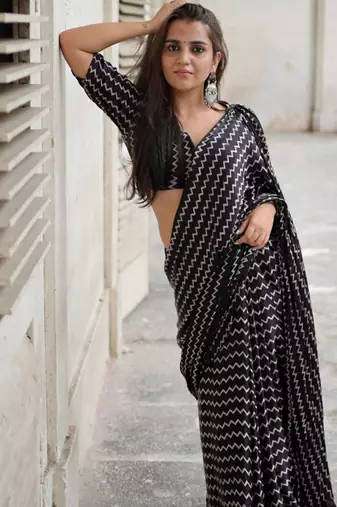 Black printed satin saree with blouse piece