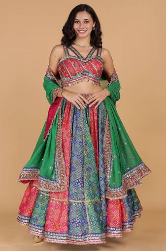multicolor georgette brocade lehenga set with blouse and dupatta