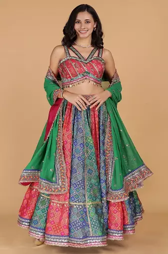 multicolor georgette brocade lehenga set with blouse and dupatta