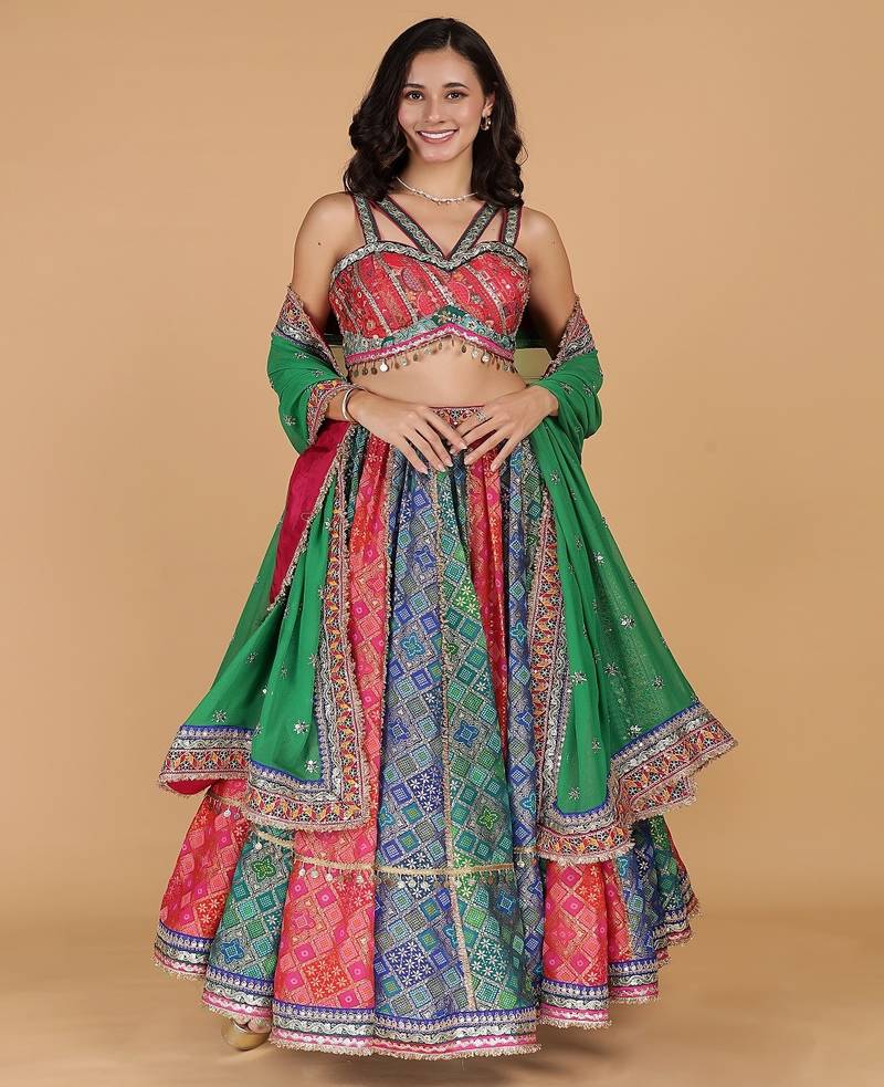 multicolor georgette brocade lehenga set with blouse and dupatta