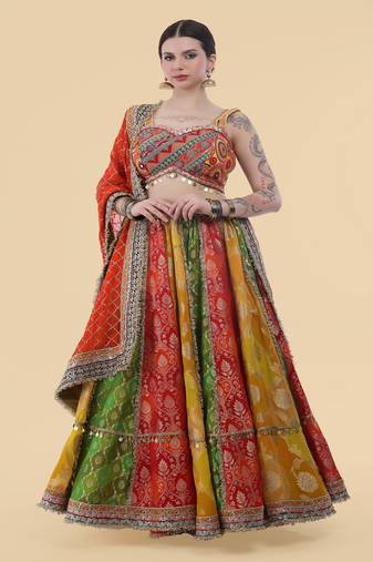 multicolour banarsi georgette lehenga set with blouse and dupatta