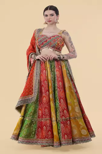 multicolour banarsi georgette lehenga set with blouse and dupatta
