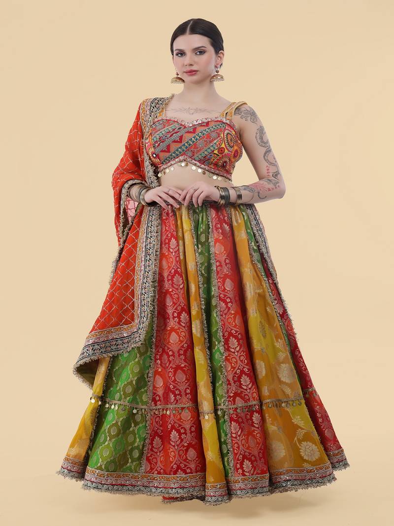 multicolour banarsi georgette lehenga set with blouse and dupatta