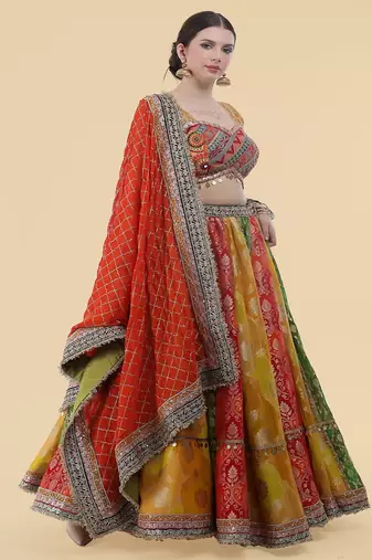 multicolour banarsi georgette lehenga set with blouse and dupatta
