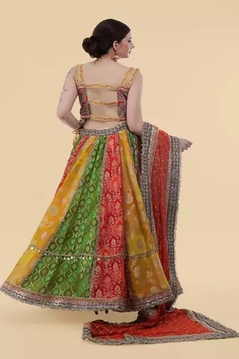 multicolour banarsi georgette lehenga set with blouse and dupatta