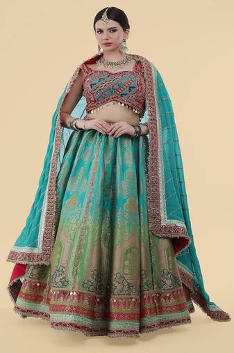 multicolour banarsi silk lehenga set with with blouse and dupatta