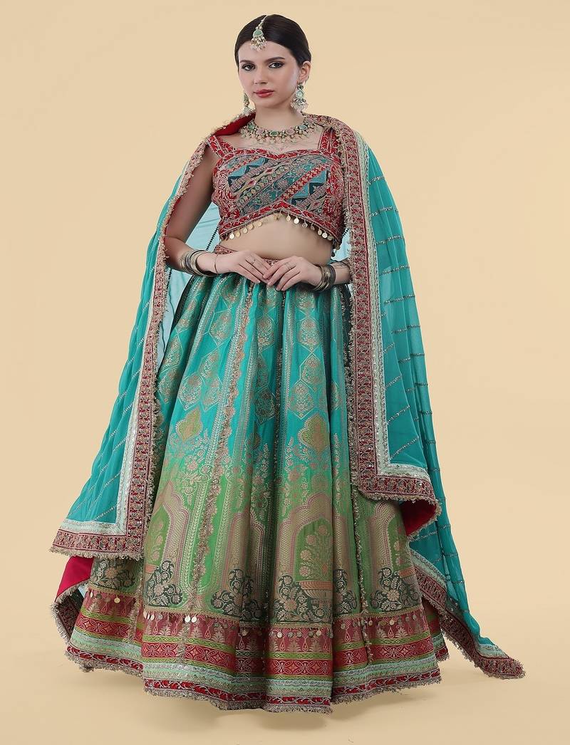 multicolour banarsi silk lehenga set with with blouse and dupatta
