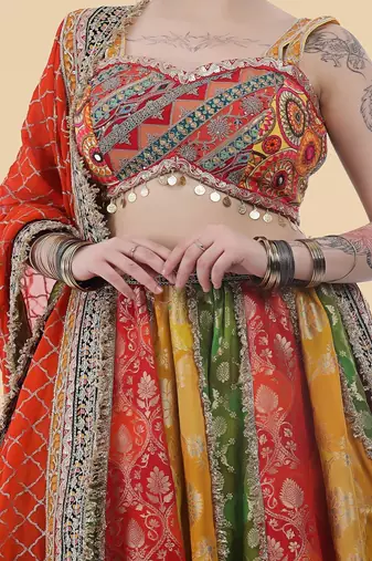 multicolour banarsi georgette lehenga set with blouse and dupatta