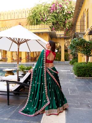 green Silk Satin Lehenga Choli set with Sequins & Thread Embroidery 4