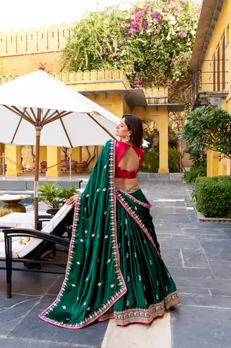 green Silk Satin Lehenga Choli set with Sequins & Thread Embroidery