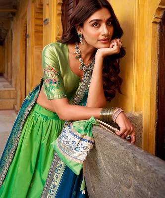 Royal Paithani Soft Silk Lehenga Choli with Zari Weaving Sequins & Thread Embroidery and batua 3