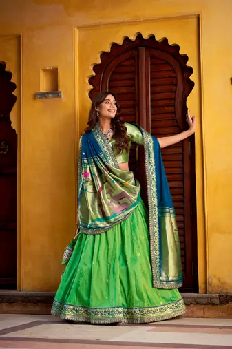 Royal Paithani Soft Silk Lehenga Choli with Zari Weaving Sequins & Thread Embroidery and batua