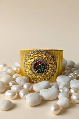 Gold plated multi crystal cz  ad stone fancy floral cuff bracelet bangle