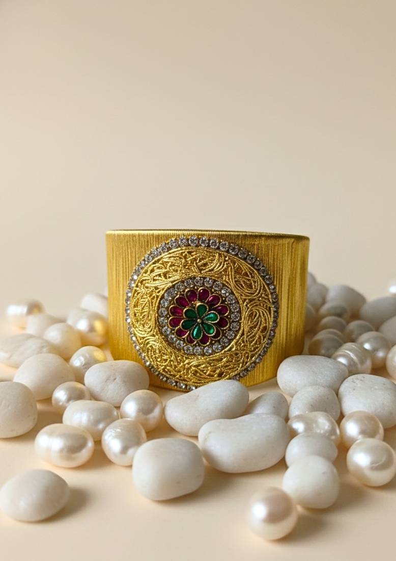 Gold plated multi crystal cz  ad stone fancy floral cuff bracelet bangle