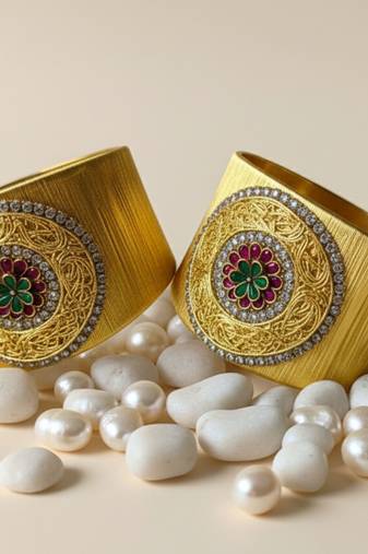 Gold plated combo of two multi crystal cz ad stone floral cuff bracelets bangle