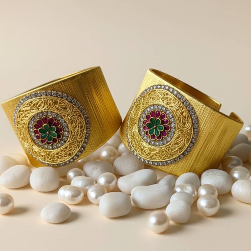 Gold plated combo of two multi crystal cz ad stone floral cuff bracelets bangle