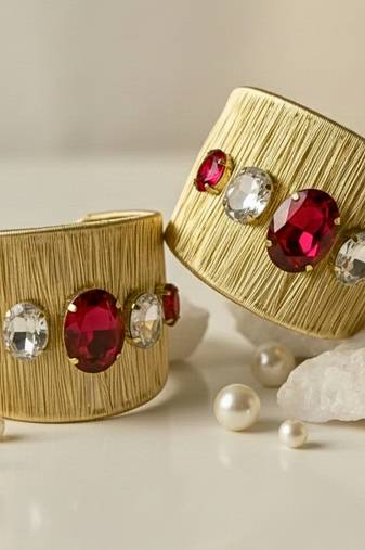 Gold plated combo of two red crystal cz ad stone western cuff bracelets bangle