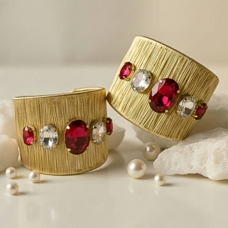 Gold plated combo of two red crystal cz ad stone western cuff bracelets bangle