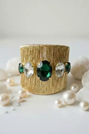 Gold plated green crystal cz ad stone fancy western cuff bracelet bangle