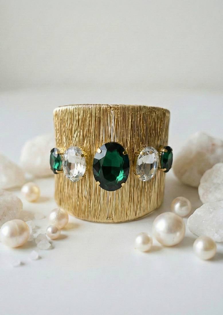 Gold plated green crystal cz ad stone fancy western cuff bracelet bangle