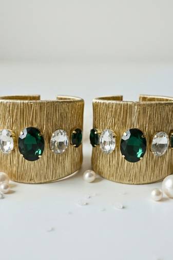 Gold plated combo of two green crystal cz ad stone western cuff bracelets bangle