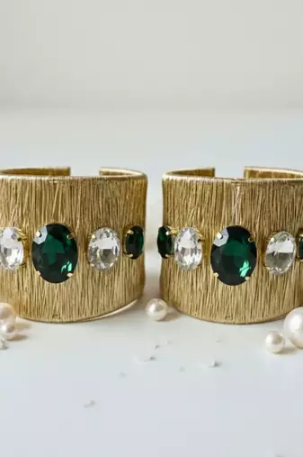 Gold plated combo of two green crystal cz ad stone western cuff bracelets bangle