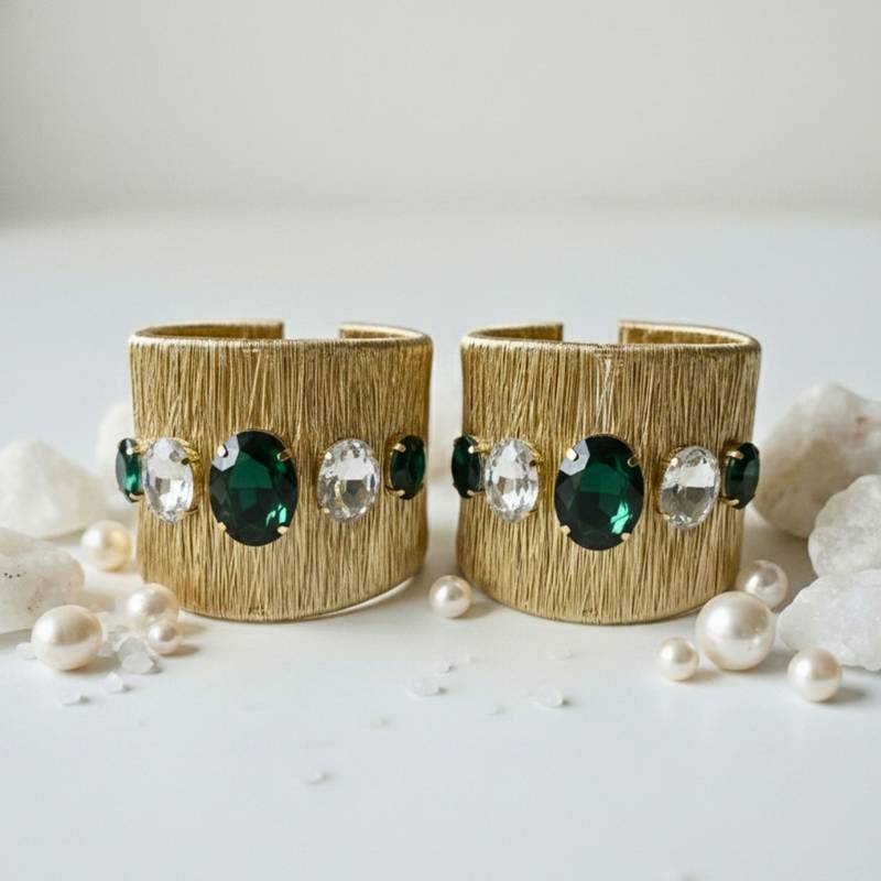 Gold plated combo of two green crystal cz ad stone western cuff bracelets bangle