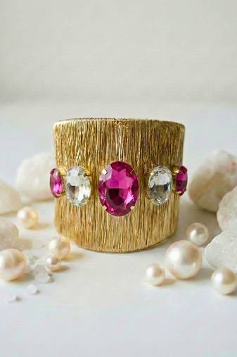 Gold plated hot rani pink crystal cz ad stone fancy western cuff bracelet bangle