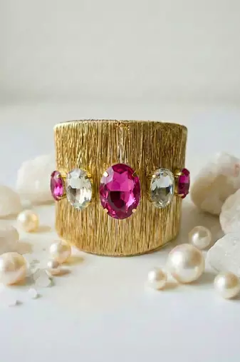 Gold plated hot rani pink crystal cz ad stone fancy western cuff bracelet bangle