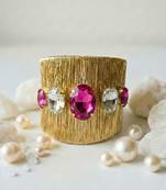 Gold plated hot rani pink crystal cz ad stone fancy western cuff bracelet bangle