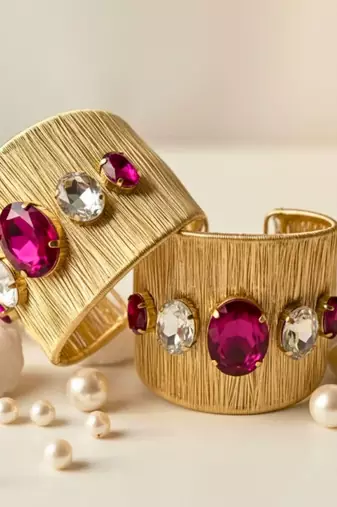 Gold plated combo of two hot rani pink crystal cz ad stone western cuff bracelets bangle