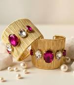 Gold plated combo of two hot rani pink crystal cz ad stone western cuff bracelets bangle