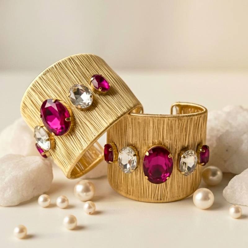 Gold plated combo of two hot rani pink crystal cz ad stone western cuff bracelets bangle