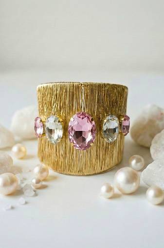 Gold plated pink crystal cz  ad stone fancy floral cuff bracelet bangle